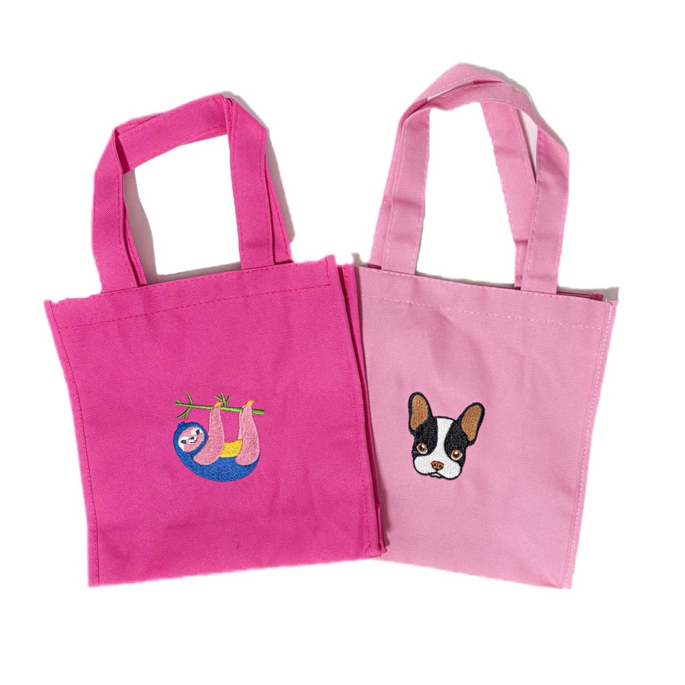 NEW - Set of 2 Mini Canvas Tote Bags - Pink Sloth & French Bulldog Embroidered